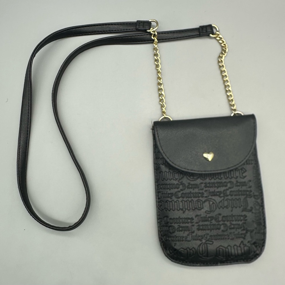 Juicy Couture Mini Crossbody Phone Bag w/Signature Logo Embossed Black Gold Hear